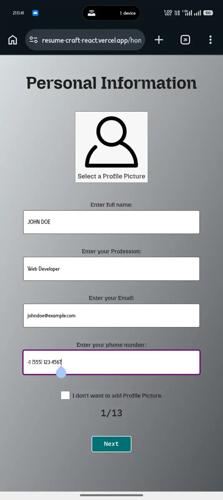 Resume Craft Mobile View