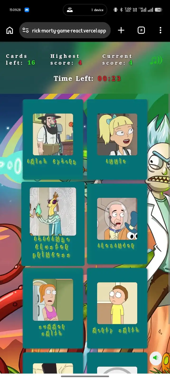 Rick & Morty Memory Game Mobile View